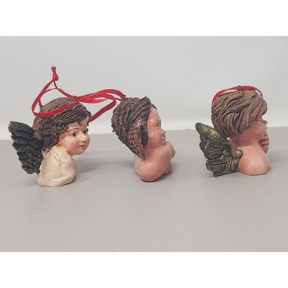Set Of 3 Resin Angel Cherub Ornaments With Green Wings & Red Ribbon‎ Hangers - Picture 4 of 11